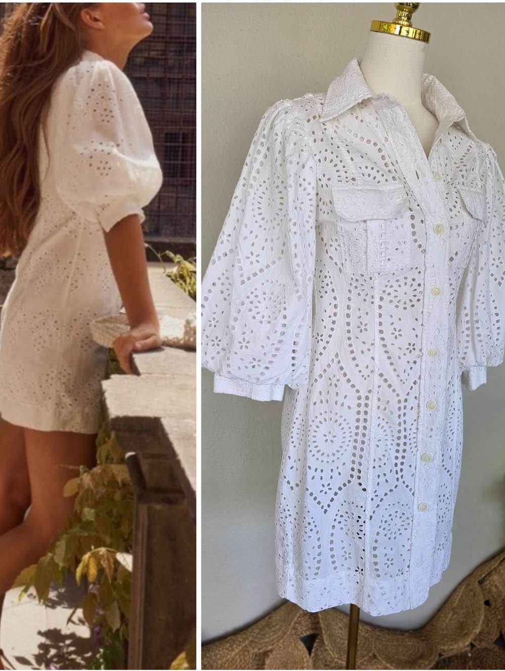 White Eyelet Puff Sleeve Mini Shirt Dress Cotton Broderie Anglaise GANNI 38